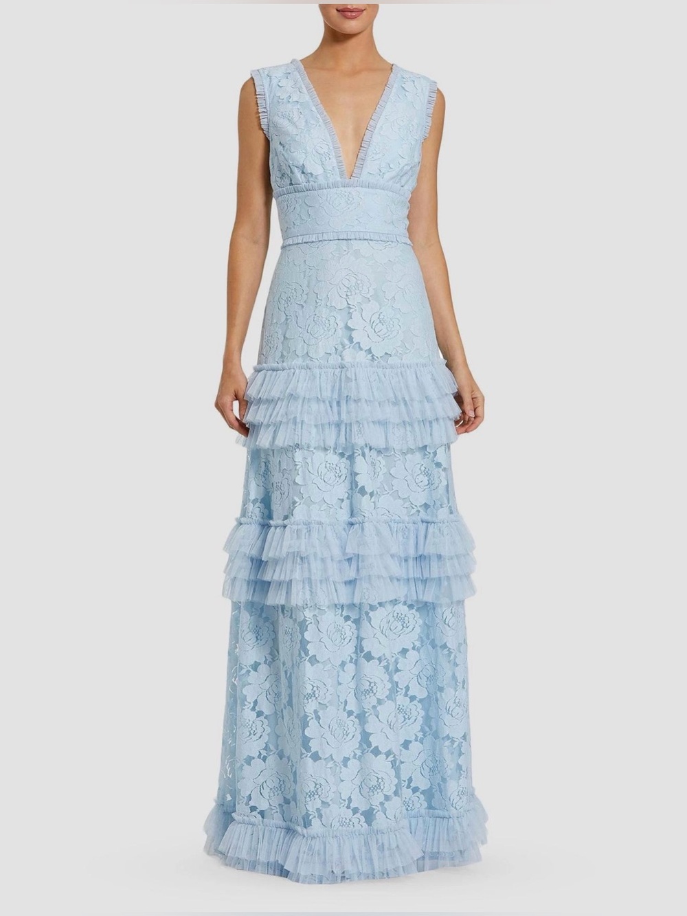 Mac Duggal Powder Blue Floral Lace Tiered Maxi Gown Size 6